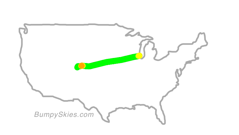 Map of continental US with illustrated flight path and turbulence forecast (described in text below)