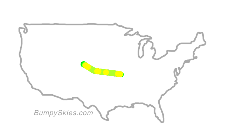 Map of continental US with illustrated flight path and turbulence forecast (described in text below)