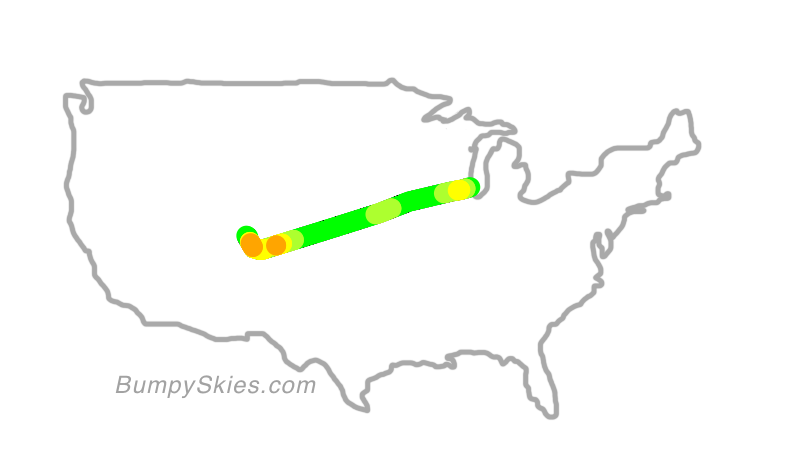 Map of continental US with illustrated flight path and turbulence forecast (described in text below)