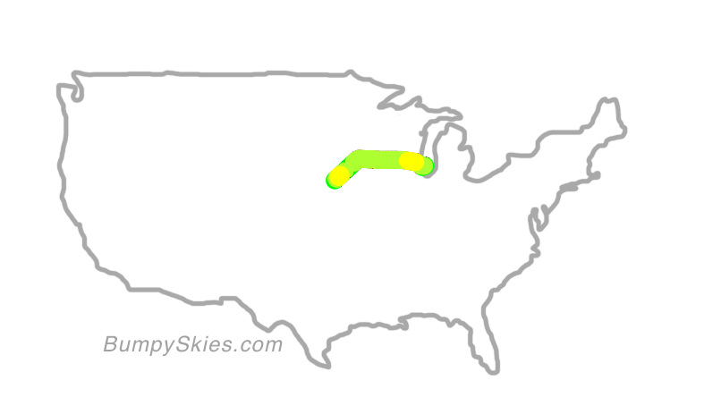 Map of continental US with illustrated flight path and turbulence forecast (described in text below)