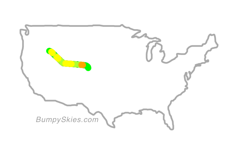 Map of continental US with illustrated flight path and turbulence forecast (described in text below)