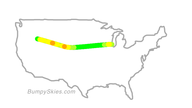 Map of continental US with illustrated flight path and turbulence forecast (described in text below)