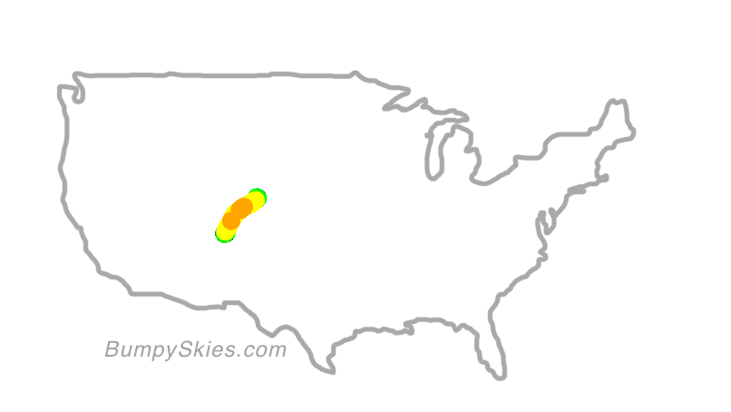 Map of continental US with illustrated flight path and turbulence forecast (described in text below)