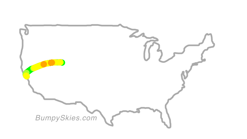 Map of continental US with illustrated flight path and turbulence forecast (described in text below)
