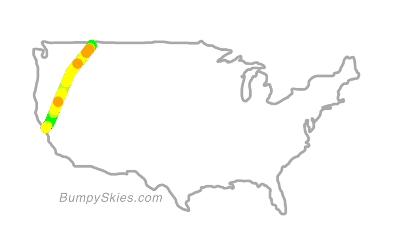 Map of continental US with illustrated flight path and turbulence forecast (described in text below)