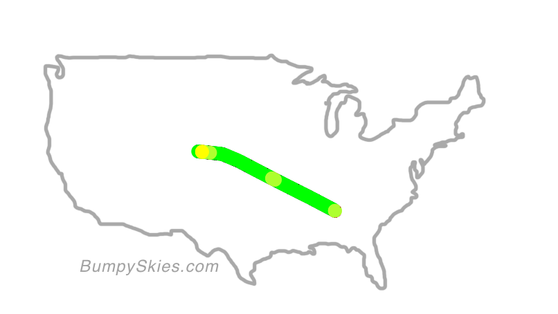 Map of continental US with illustrated flight path and turbulence forecast (described in text below)