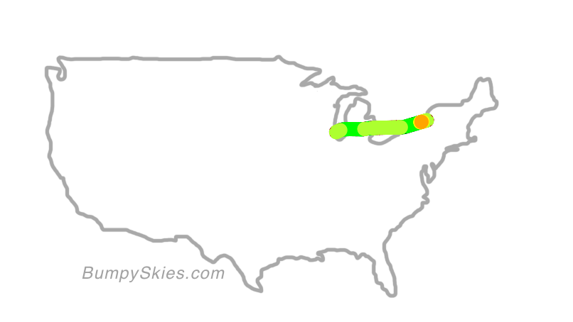 Map of continental US with illustrated flight path and turbulence forecast (described in text below)