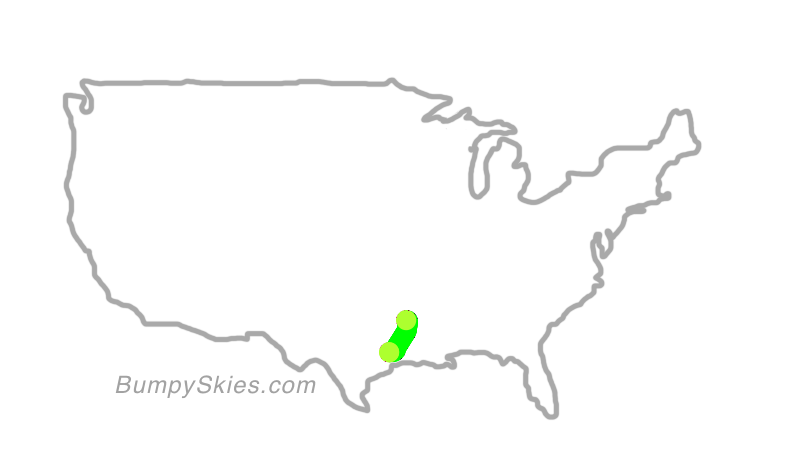 Map of continental US with illustrated flight path and turbulence forecast (described in text below)