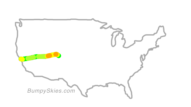 Map of continental US with illustrated flight path and turbulence forecast (described in text below)