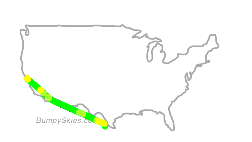 Map of continental US with illustrated flight path and turbulence forecast (described in text below)