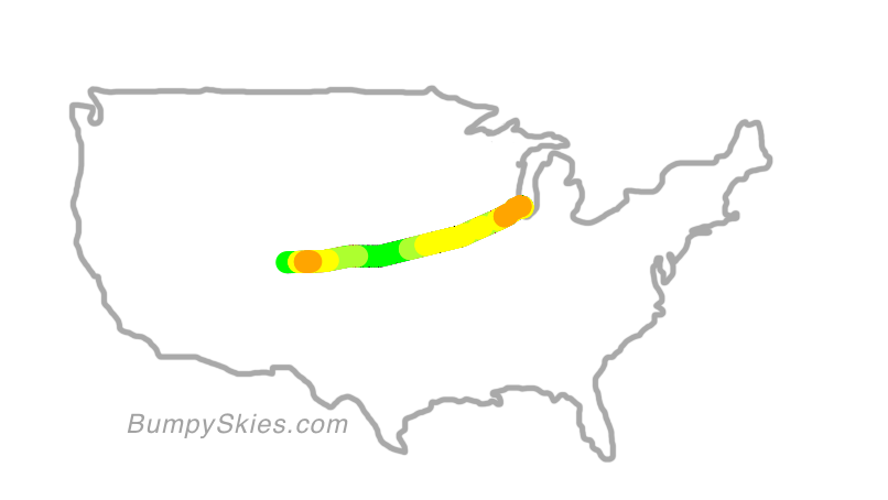 Map of continental US with illustrated flight path and turbulence forecast (described in text below)