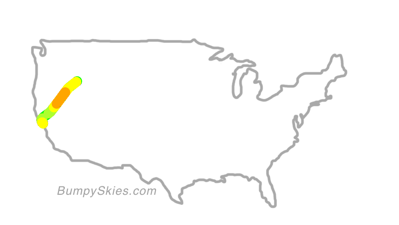 Map of continental US with illustrated flight path and turbulence forecast (described in text below)