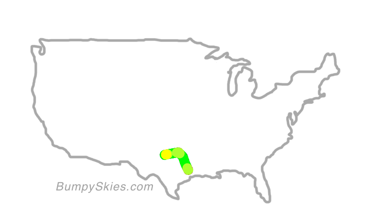 Map of continental US with illustrated flight path and turbulence forecast (described in text below)