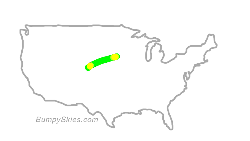 Map of continental US with illustrated flight path and turbulence forecast (described in text below)