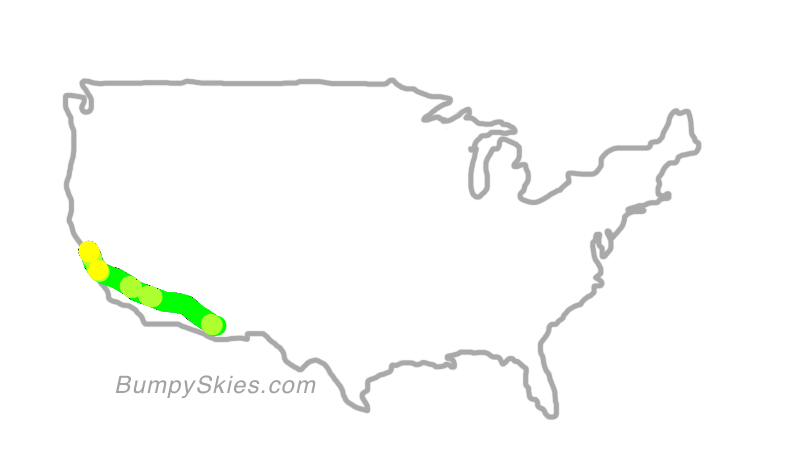 Map of continental US with illustrated flight path and turbulence forecast (described in text below)