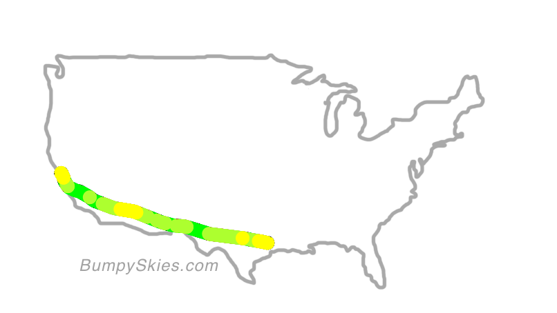 Map of continental US with illustrated flight path and turbulence forecast (described in text below)