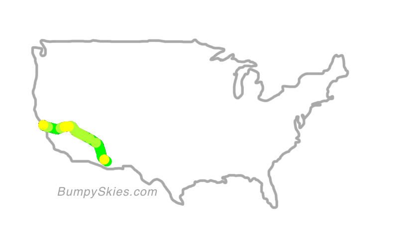 Map of continental US with illustrated flight path and turbulence forecast (described in text below)