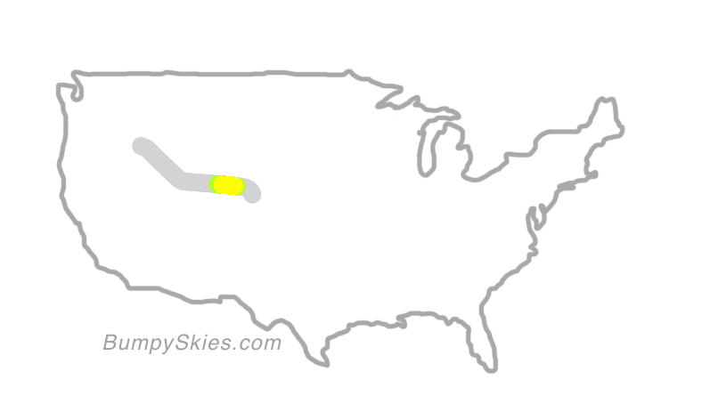 Map of continental US with illustrated flight path and turbulence forecast (described in text below)