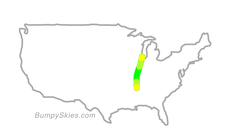 Map of continental US with illustrated flight path and turbulence forecast (described in text below)