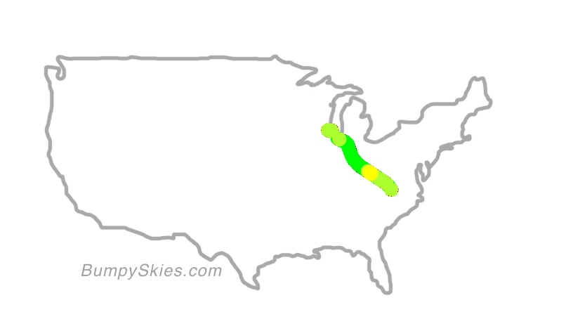 Map of continental US with illustrated flight path and turbulence forecast (described in text below)