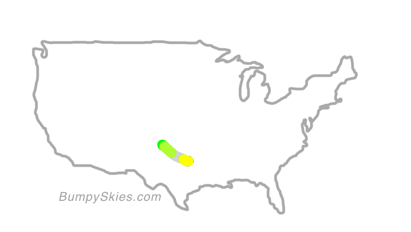 Map of continental US with illustrated flight path and turbulence forecast (described in text below)