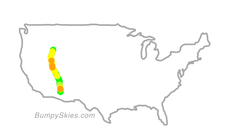 Map of continental US with illustrated flight path and turbulence forecast (described in text below)