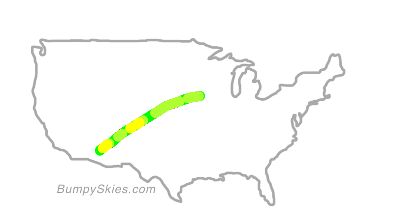 Map of continental US with illustrated flight path and turbulence forecast (described in text below)