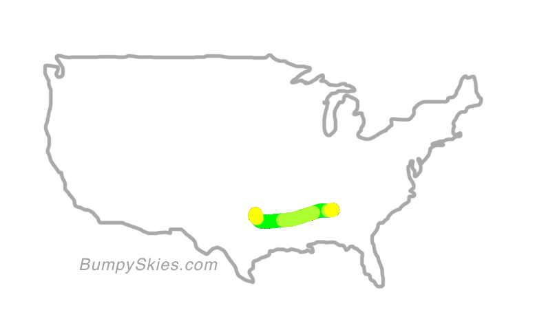 Map of continental US with illustrated flight path and turbulence forecast (described in text below)