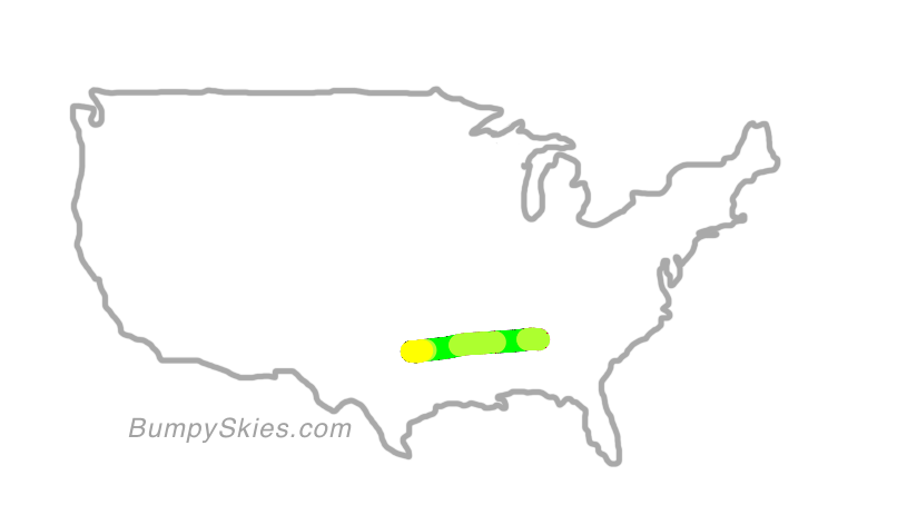 Map of continental US with illustrated flight path and turbulence forecast (described in text below)
