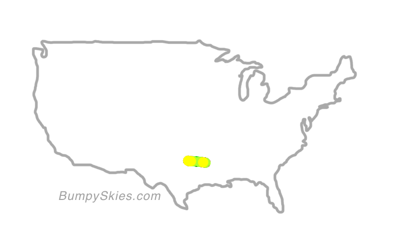 Map of continental US with illustrated flight path and turbulence forecast (described in text below)