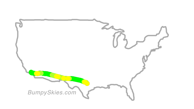 Map of continental US with illustrated flight path and turbulence forecast (described in text below)