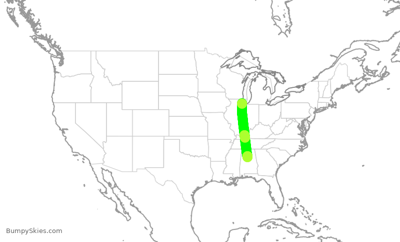 Turbulence forecast map for SKW6208, ORD to BHM