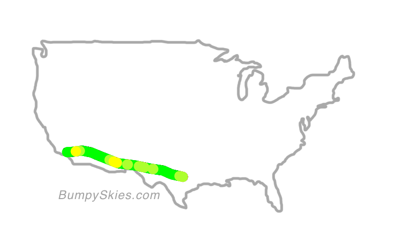 Map of continental US with illustrated flight path and turbulence forecast (described in text below)