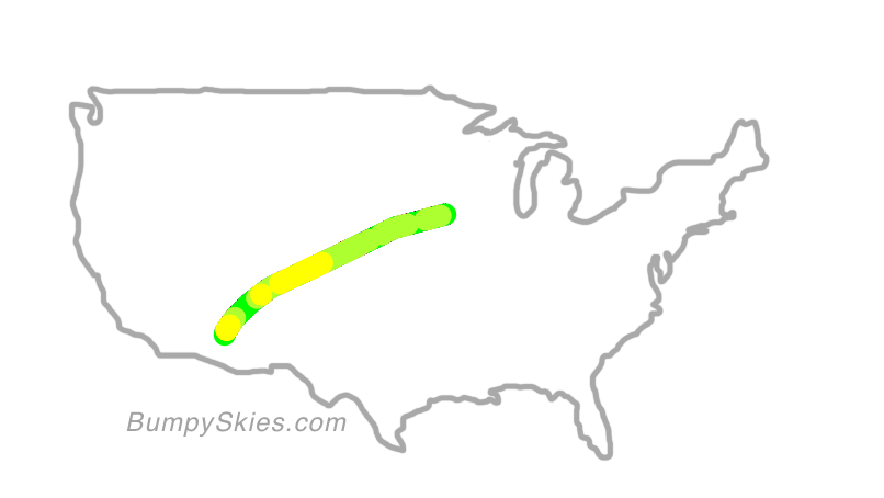 Map of continental US with illustrated flight path and turbulence forecast (described in text below)