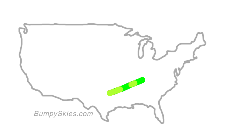 Map of continental US with illustrated flight path and turbulence forecast (described in text below)