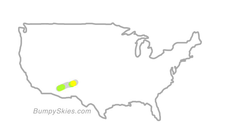 Map of continental US with illustrated flight path and turbulence forecast (described in text below)