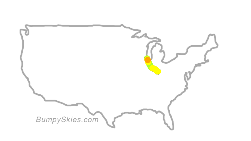 Map of continental US with illustrated flight path and turbulence forecast (described in text below)