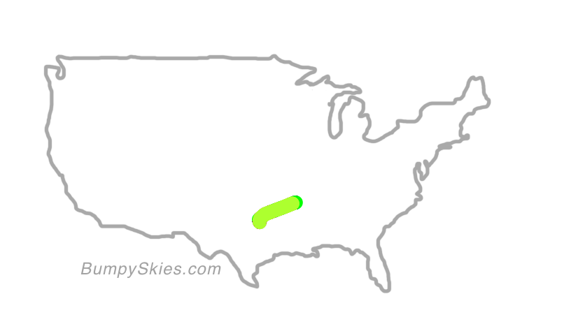 Map of continental US with illustrated flight path and turbulence forecast (described in text below)