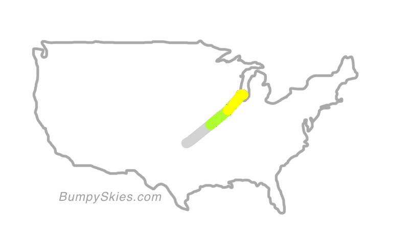 Map of continental US with illustrated flight path and turbulence forecast (described in text below)