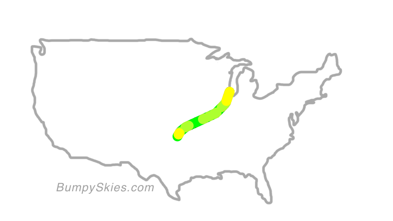 Map of continental US with illustrated flight path and turbulence forecast (described in text below)