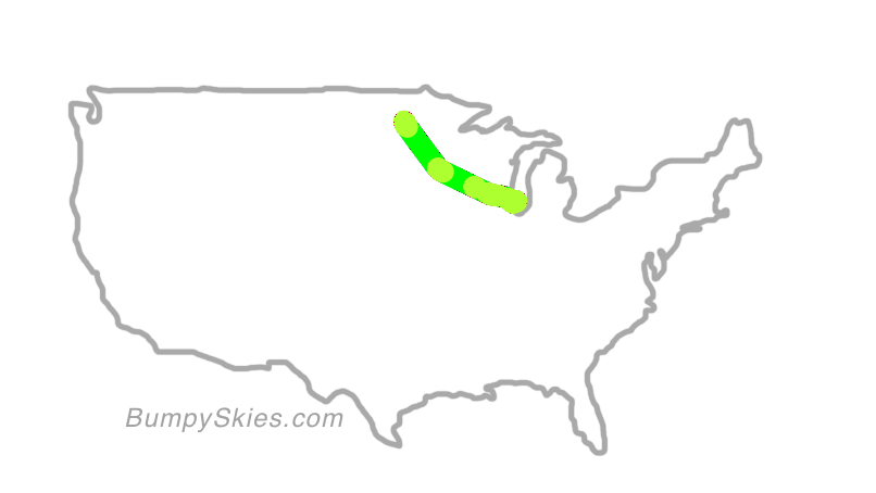 Map of continental US with illustrated flight path and turbulence forecast (described in text below)