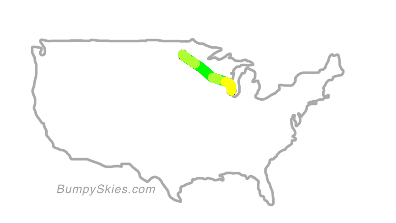 Map of continental US with illustrated flight path and turbulence forecast (described in text below)