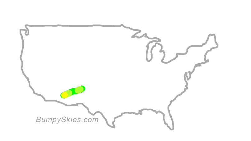 Map of continental US with illustrated flight path and turbulence forecast (described in text below)