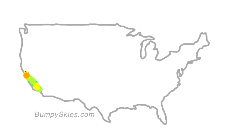 Map of continental US with illustrated flight path and turbulence forecast (described in text below)