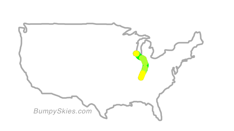 Map of continental US with illustrated flight path and turbulence forecast (described in text below)