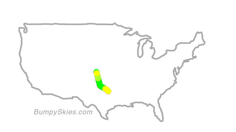 Map of continental US with illustrated flight path and turbulence forecast (described in text below)