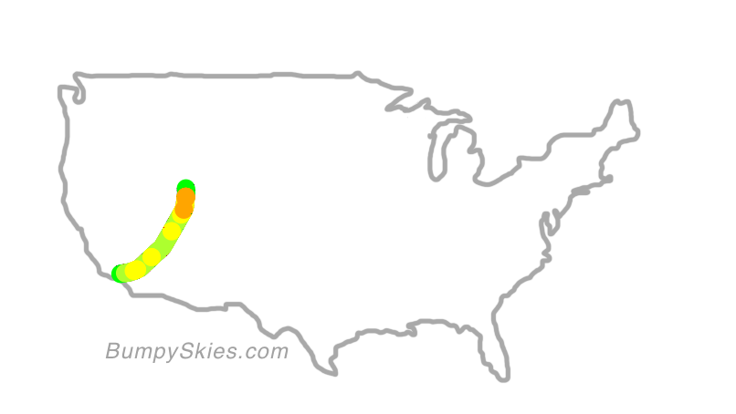 Map of continental US with illustrated flight path and turbulence forecast (described in text below)