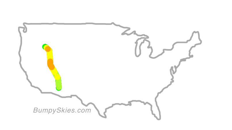 Map of continental US with illustrated flight path and turbulence forecast (described in text below)