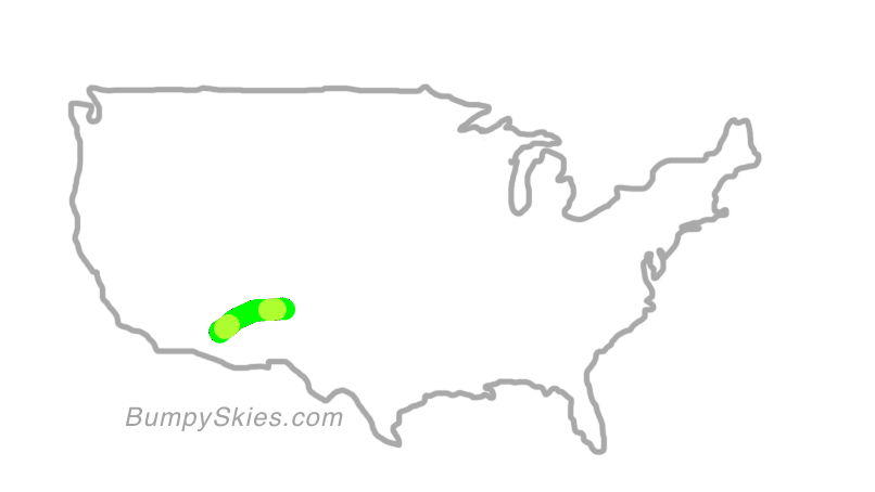 Map of continental US with illustrated flight path and turbulence forecast (described in text below)