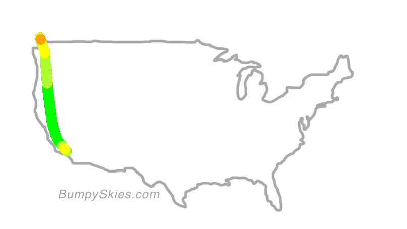 Map of continental US with illustrated flight path and turbulence forecast (described in text below)